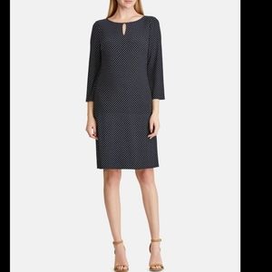 Lauren Ralph Lauren Dress Polka Dot Keyhole 3/4 Sleeve 18 Navy White Stretch